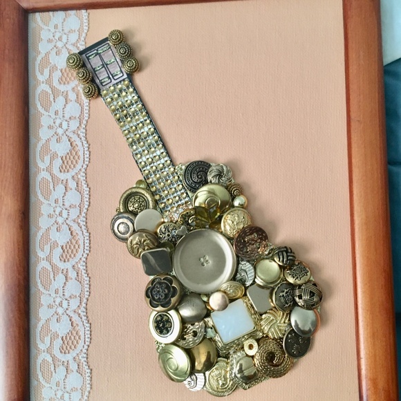 GUITAR Button Artwork on canvas, wall art, framed
